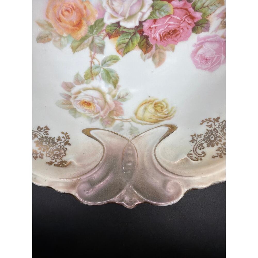 Antique Germany 101 Porcelain Serving Bowl 11” Roses Pink Gold Art Nouveau - Picture 7 of 14
